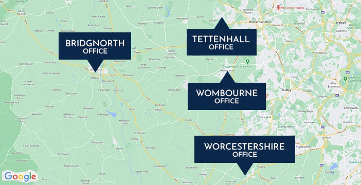 Map showing the location of Berriman Eaton offices in Tettenhall, Bridgnorth, and Wombourne