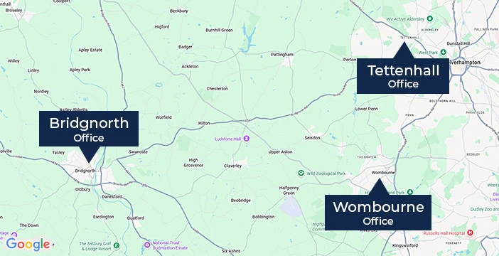Map showing the location of Berriman Eaton offices in Tettenhall, Bridgnorth, and Wombourne